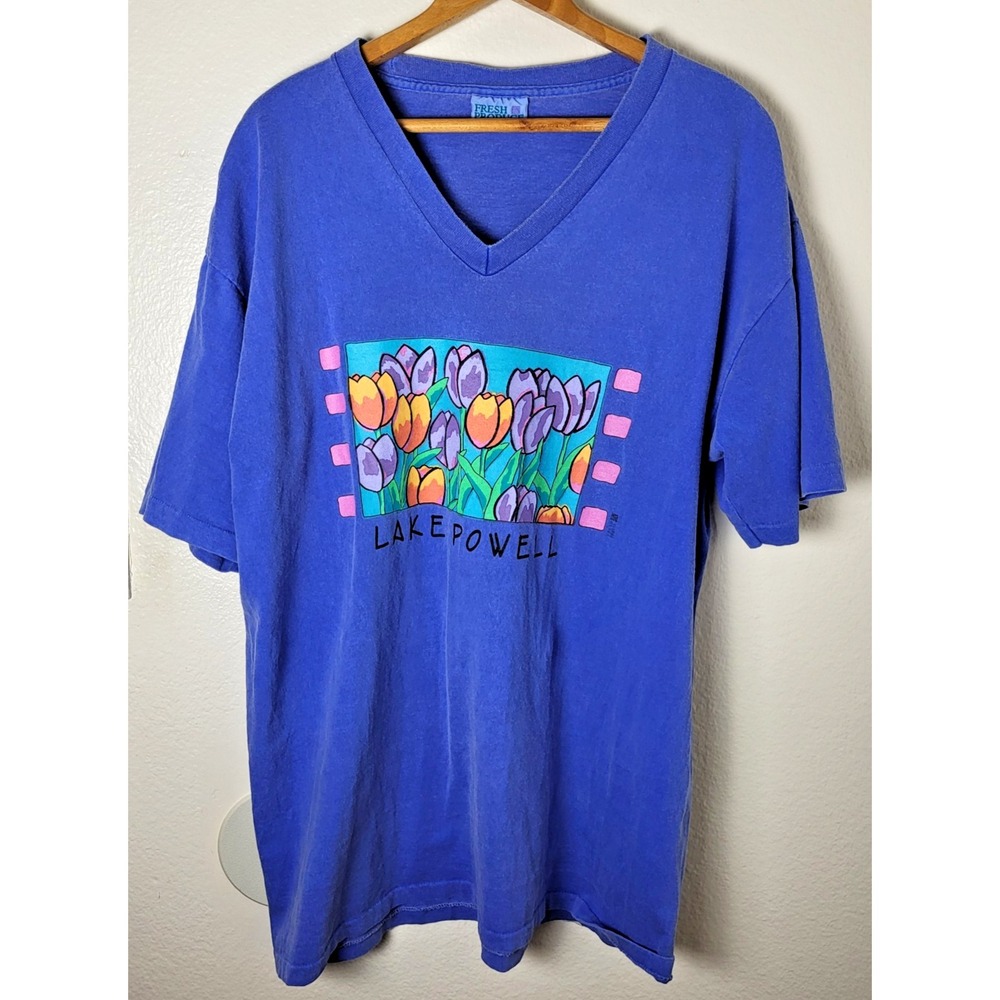 Fresh Produce 100% Cotton T-Shirt XL Blue V-Neck Single-Stitch Made in USA